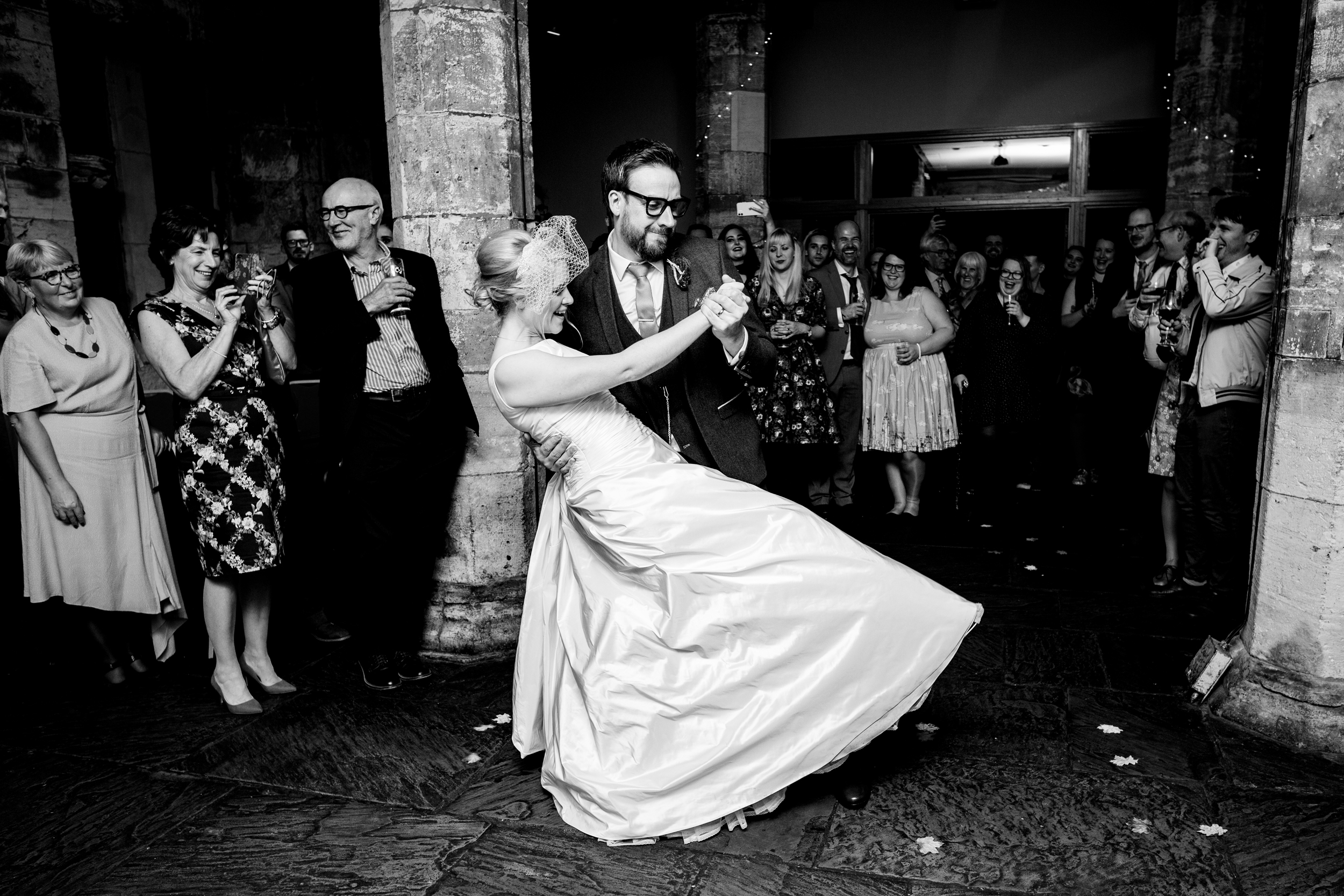 groom dipping the bride on the dancefloor. york wedding photography by emma and rich.