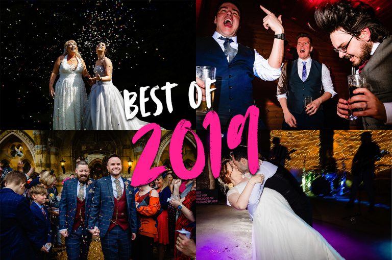 a collage of emma and rich's best of 2019 wedding photography images.