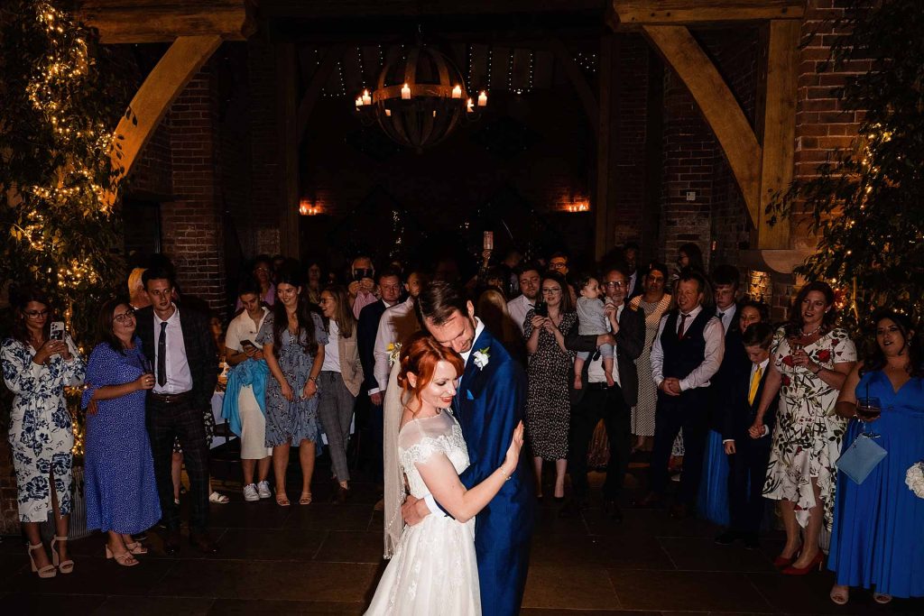 A newly married couple have their first dance at Shustoke Barn in Warwickshire.